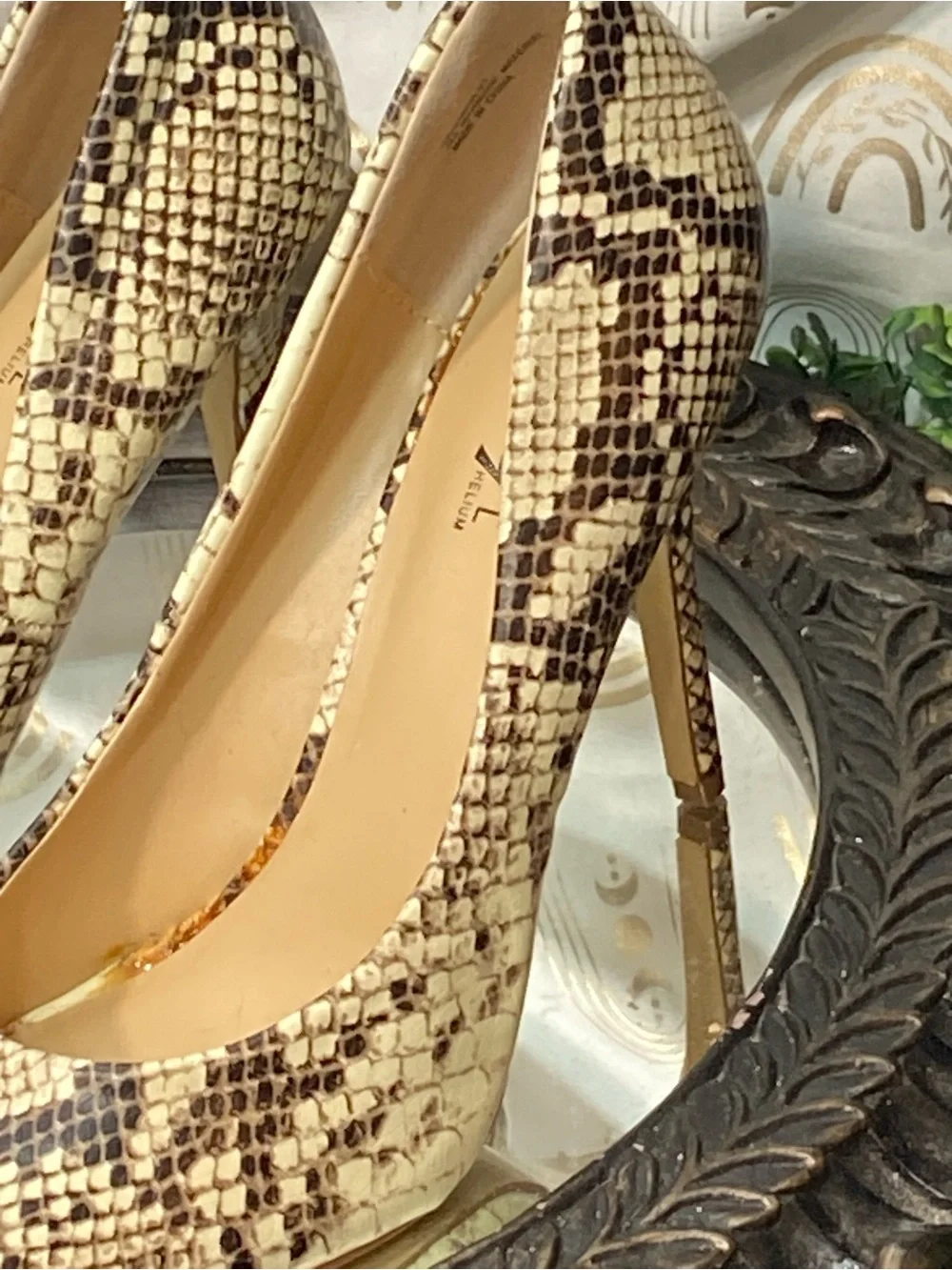 Rouge Helium Snakeskin Pointed-Toe Stiletto Heels — Cream/Brown